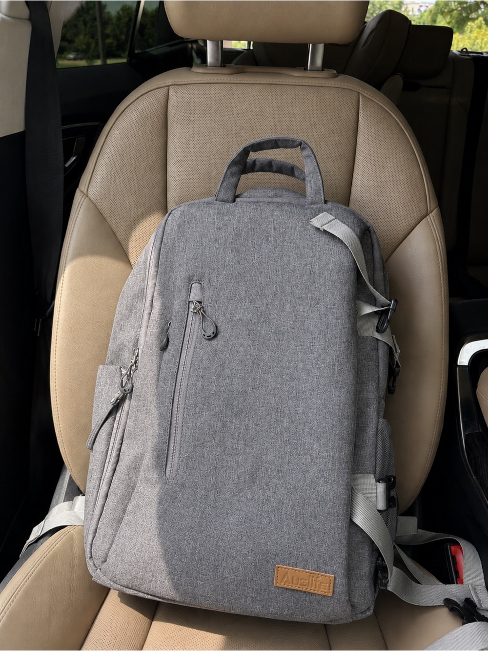 Gray Sleek Travel Backpack Camera/Labtop 17” Leather details